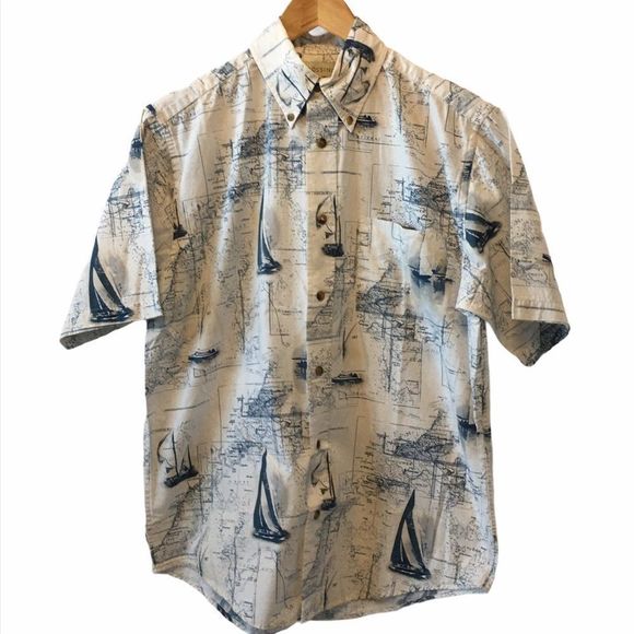 Men's CROSSING Cream Sailboat Print Button Up Shirt - Picture 1 of 6